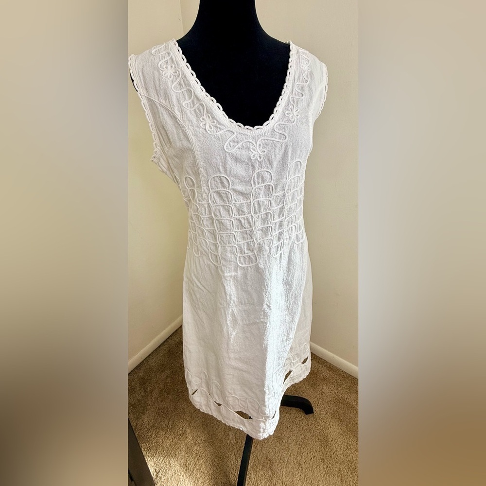 Cotton Natural White Summer Preppy Classic Resort dress V neck sleeveless med - Picture 3 of 15